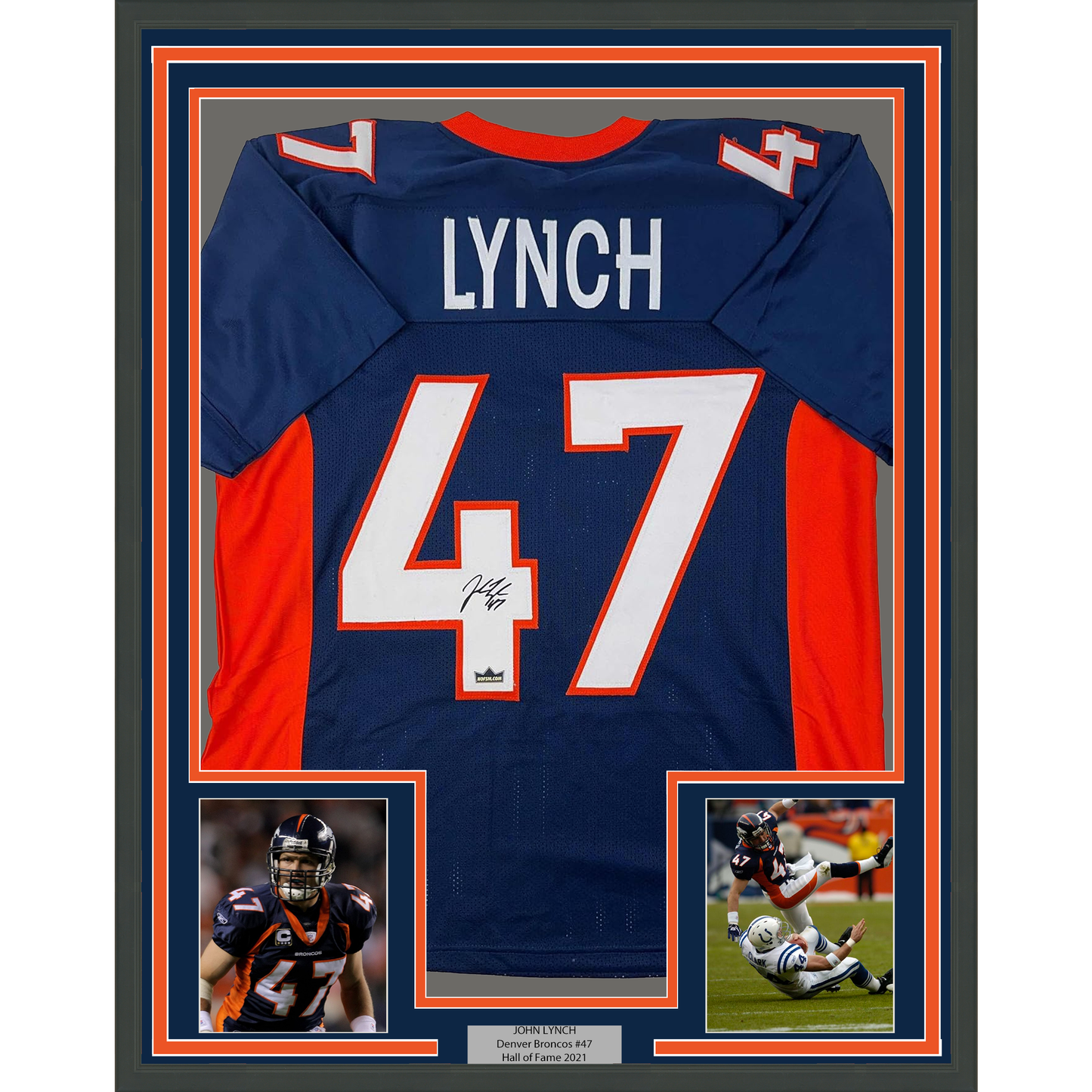 Framed Facsimile Autographed John Lynch 35x39 Denver Blue Reprint Laser Auto Football Jersey
