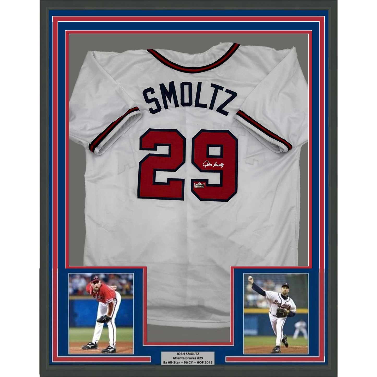 Framed Facsimile Autographed John Smoltz 35x39 Atlanta White Reprint Laser Auto Baseball Jersey