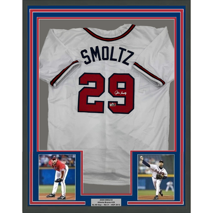 Framed Facsimile Autographed John Smoltz 35x39 Atlanta White Reprint Laser Auto Baseball Jersey