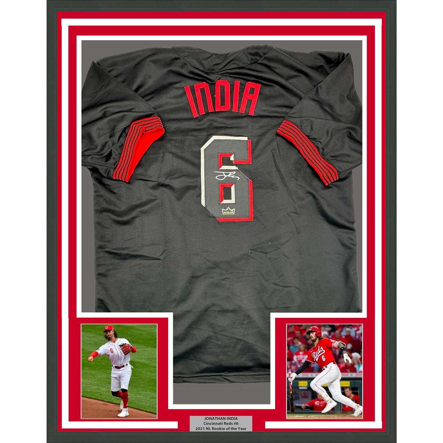 Framed Facsimile Autographed Jonathan India 35x39 Cincinnati Black City Connect Reprint Laser Auto Baseball Jersey