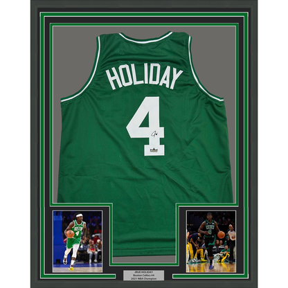 Framed Facsimile Autographed Jrue Holiday 35x39 Boston Green Reprint Laser Auto Basketball Jersey