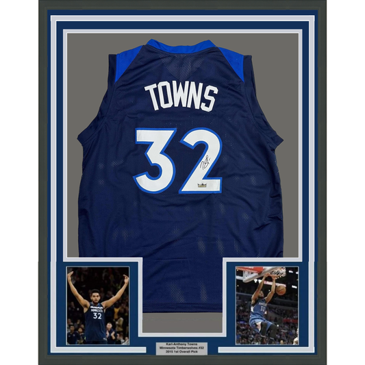 Framed Facsimile Autographed Karl-Anthony Towns 35x39 Minnesota Blue Reprint Laser Auto Basketball Jersey