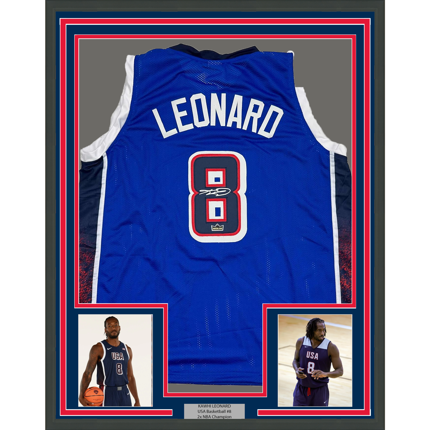 Framed Facsimile Autographed Kawhi Leonard 35x39 2024 United States Team USA Blue Reprint Laser Auto Basketball Jersey