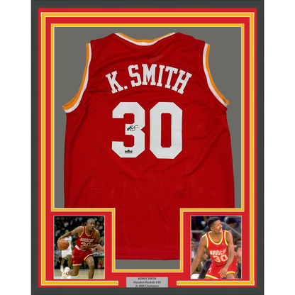 Framed Facsimile Autographed Kenny Smith 35x39 Houston Red Reprint Laser Auto Basketball Jersey