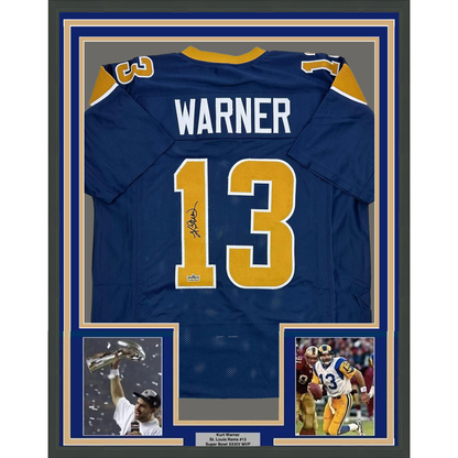 Framed Facsimile Autographed Kurt Warner 35x39 St. Louis Navy Blue Reprint Laser Auto Football Jersey
