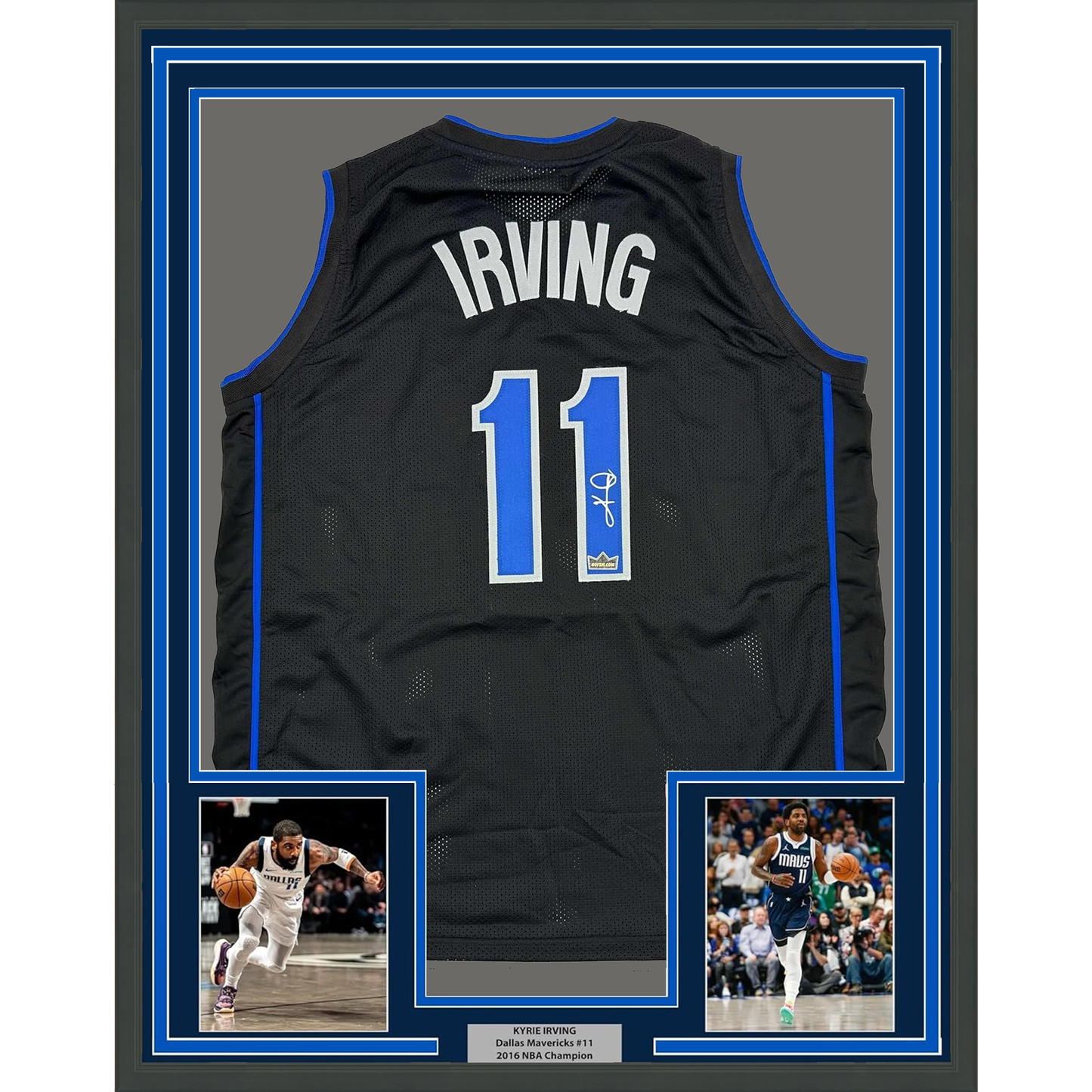 Framed Facsimile Autographed Kyrie Irving 35x39 Dallas Black Reprint Laser Auto Basketball Jersey
