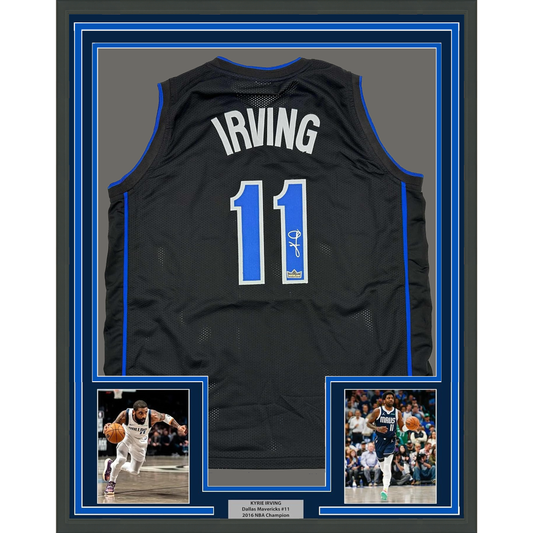 Framed Facsimile Autographed Kyrie Irving 35x39 Dallas Black Reprint Laser Auto Basketball Jersey