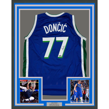 Framed Facsimile Autographed Luka Doncic 35x39 Dallas Retro Blue Reprint Laser Auto Basketball Jersey