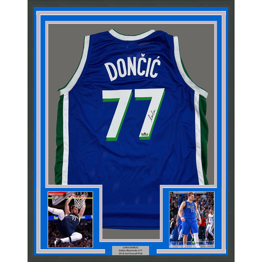 Framed Facsimile Autographed Luka Doncic 35x39 Dallas Retro Blue Reprint Laser Auto Basketball Jersey