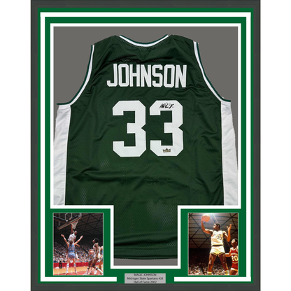 Framed Facsimile Autographed Earvin Magic Johnson 35x39 Michigan State Green Reprint Laser Auto College Basketball Jersey