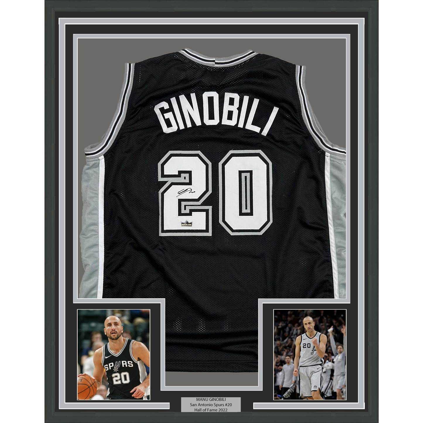 Framed Facsimile Autographed Manu Ginobili 35x39 San Antonio Black Reprint Laser Auto Basketball Jersey