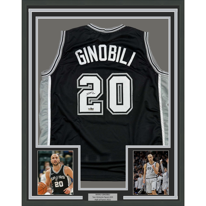 Framed Facsimile Autographed Manu Ginobili 35x39 San Antonio Black Reprint Laser Auto Basketball Jersey