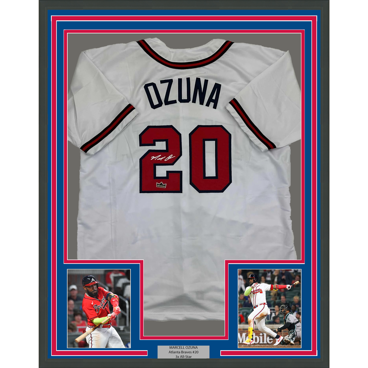 Framed Facsimile Autographed Marcell Ozuna 35x39 Atlanta White Reprint Laser Auto Baseball Jersey