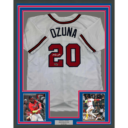 Framed Facsimile Autographed Marcell Ozuna 35x39 Atlanta White Reprint Laser Auto Baseball Jersey