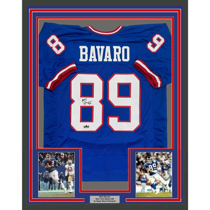 Framed Facsimile Autographed Mark Bavaro 35x39 New York Blue Reprint Laser Auto Football Jersey