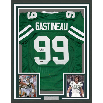 Framed Facsimile Autographed Mark Gastineau 35x39 New York Green Reprint Laser Auto Football Jersey