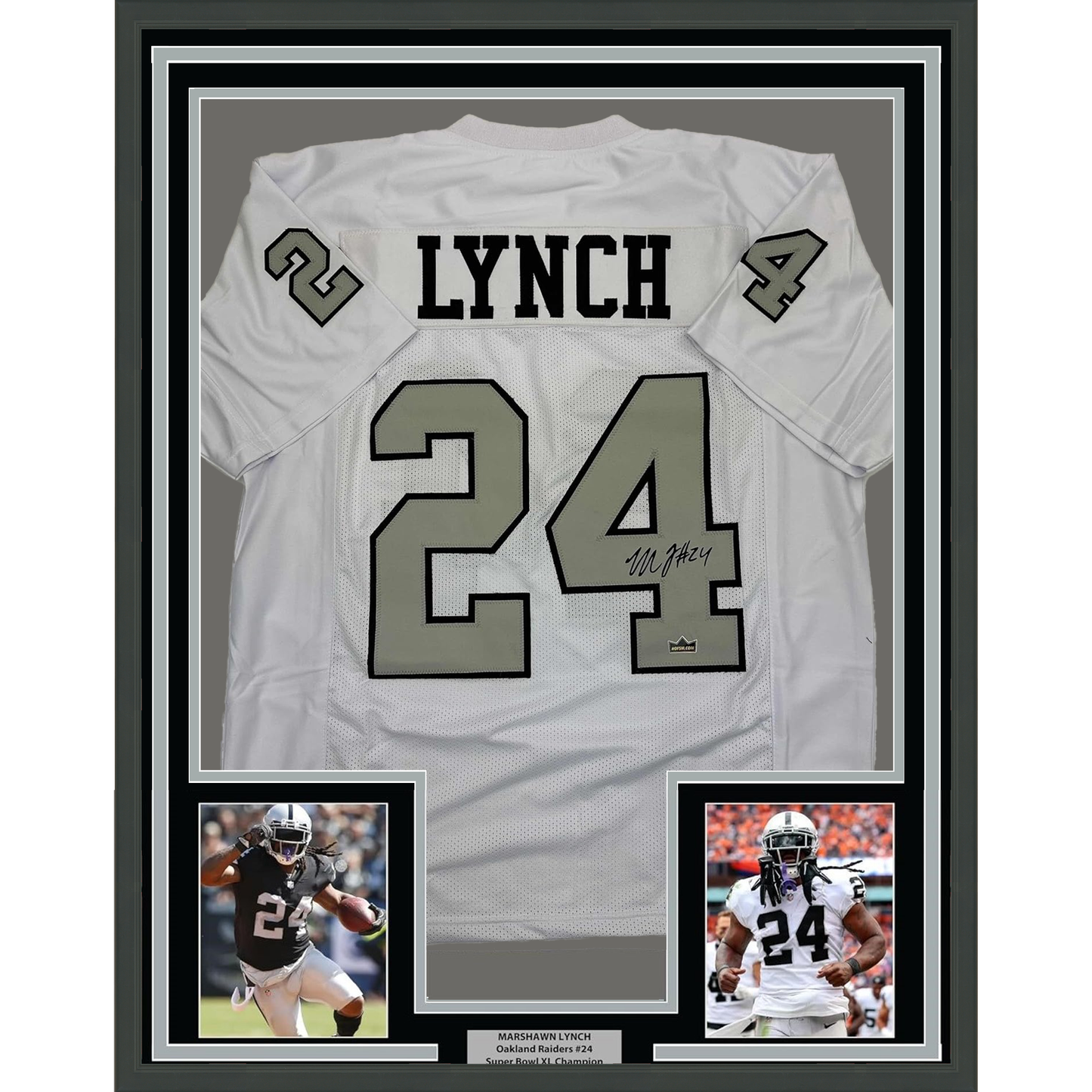 Framed Facsimile Autographed Marshawn Lynch 35x39 Oakland Las Vegas Color Rush Reprint Laser Auto Football Jersey