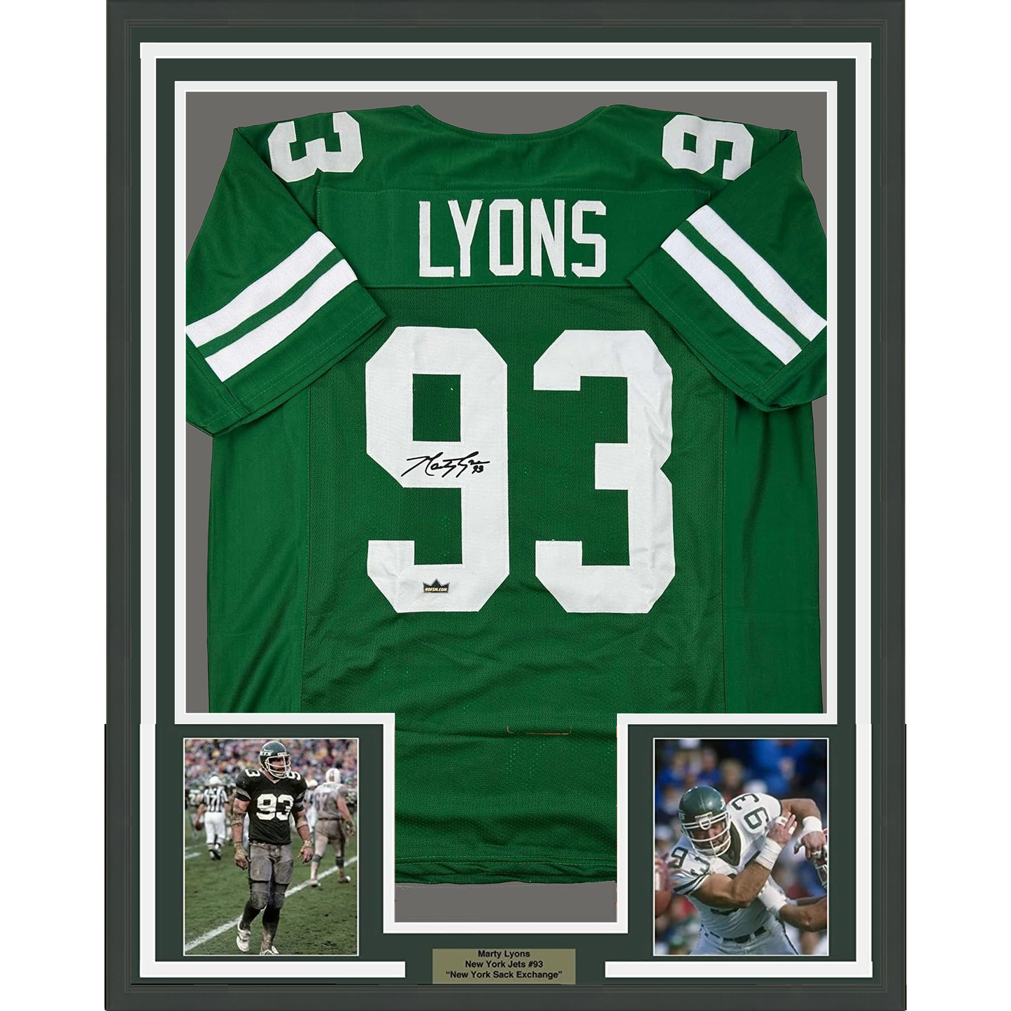 Framed Facsimile Autographed Marty Lyons 35x39 New York Green Reprint Laser Auto Football Jersey