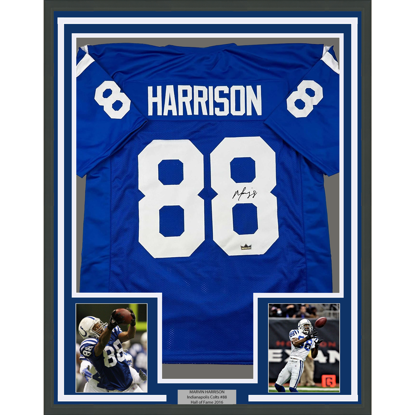 Framed Facsimile Autographed Marvin Harrison 35x39 Indianapolis Blue Reprint Laser Auto Football Jersey