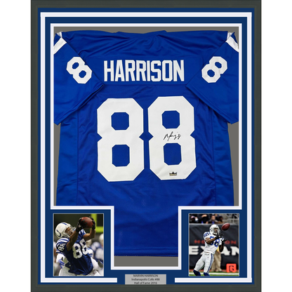 Framed Facsimile Autographed Marvin Harrison 35x39 Indianapolis Blue Reprint Laser Auto Football Jersey