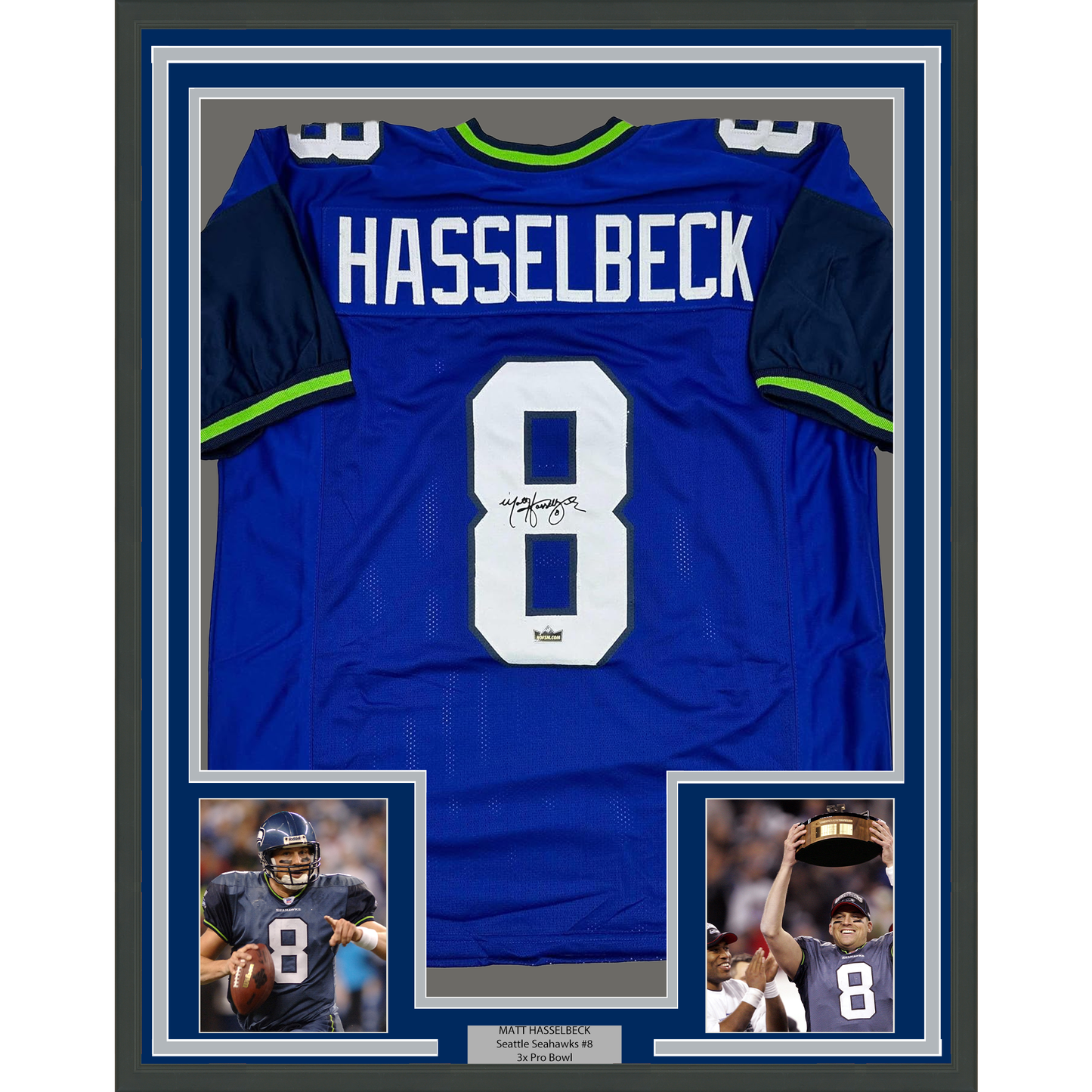 Framed Facsimile Autographed Matt Hasselbeck 35x39 Seattle Blue Reprint Laser Auto Football Jersey