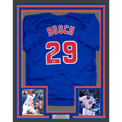 Framed Facsimile Autographed Michael Busch 35x39 Chicago Blue Reprint Laser Auto Baseball Jersey
