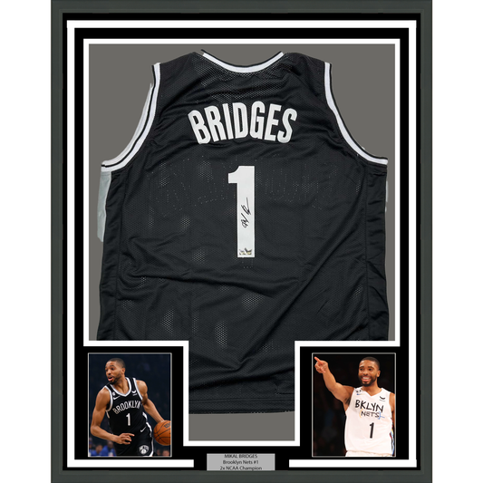 Framed Facsimile Autographed Mikal Bridges 35x39 Brooklyn Black Reprint Laser Auto Basketball Jersey