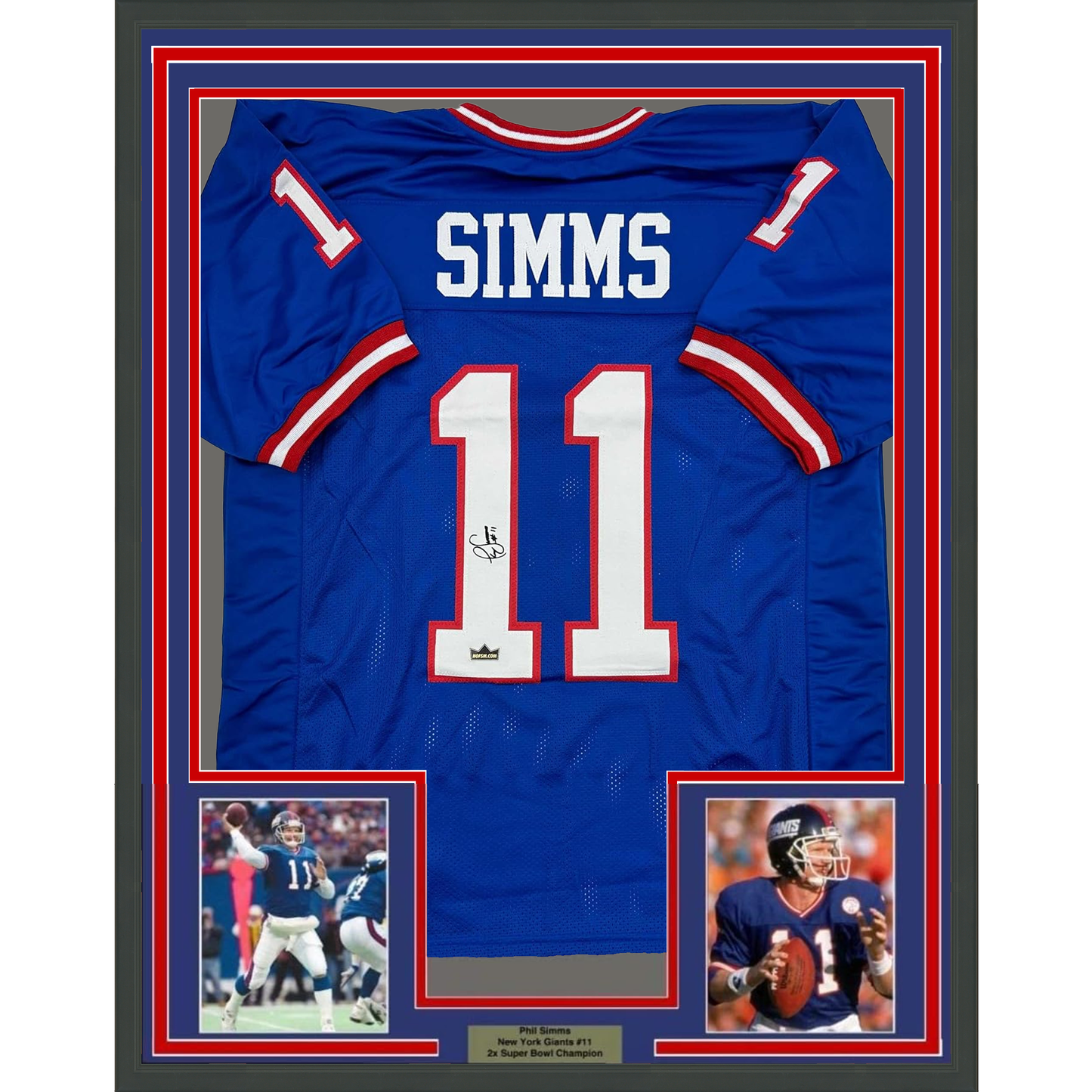 Framed Facsimile Autographed Phil Simms 35x39 New York Blue Reprint Laser Auto Football Jersey