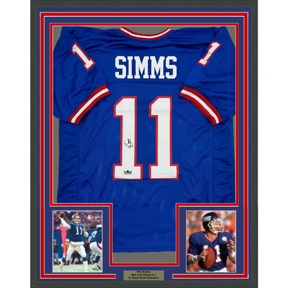 Framed Facsimile Autographed Phil Simms 35x39 New York Blue Reprint Laser Auto Football Jersey
