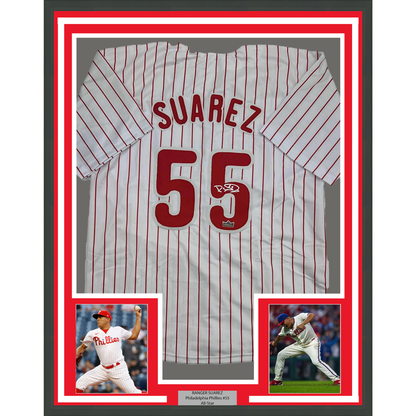 Framed Facsimile Autographed Ranger Suarez 35x39 Philadelphia Pinstripe Reprint Laser Auto Baseball Jersey