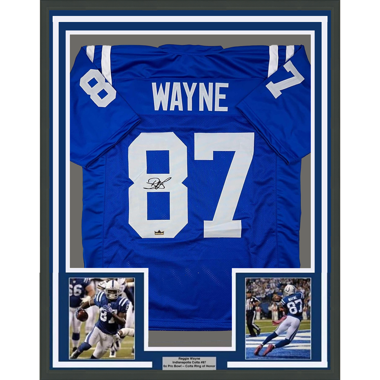 Framed Facsimile Autographed Reggie Wayne 35x39 Indianapolis Blue Reprint Laser Auto Football Jersey