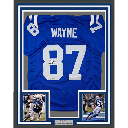 Framed Facsimile Autographed Reggie Wayne 35x39 Indianapolis Blue Reprint Laser Auto Football Jersey
