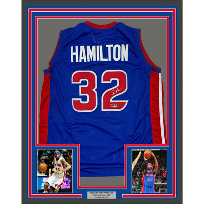Framed Facsimile Autographed Richard Hamilton 35x39 Detroit Blue Reprint Laser Auto Basketball Jersey