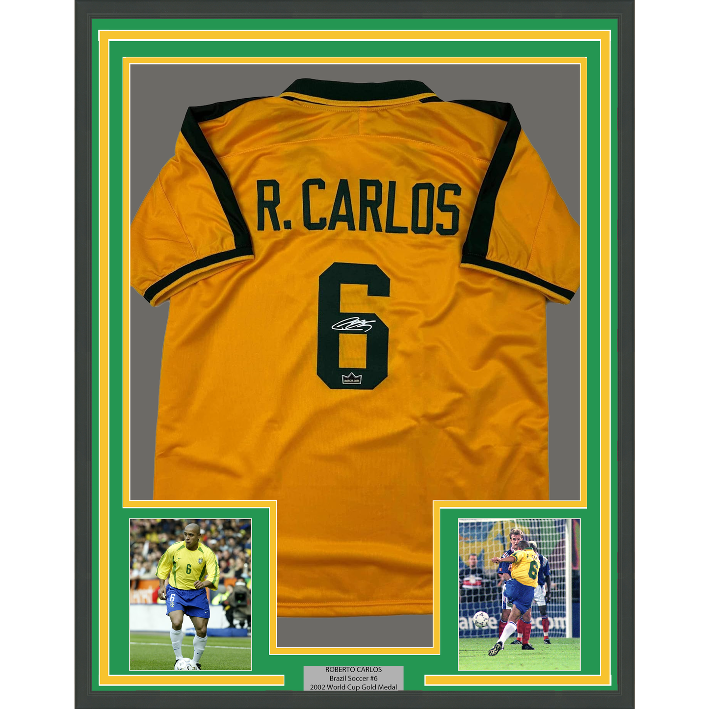 Framed Facsimile Autographed Roberto Carlos 35x39 Brazil Yellow World Cup Reprint Laser Auto Soccer Jersey