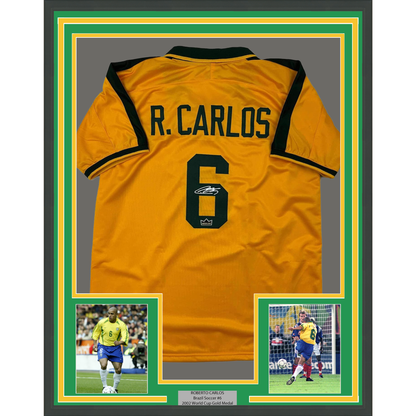 Framed Facsimile Autographed Roberto Carlos 35x39 Brazil Yellow World Cup Reprint Laser Auto Soccer Jersey