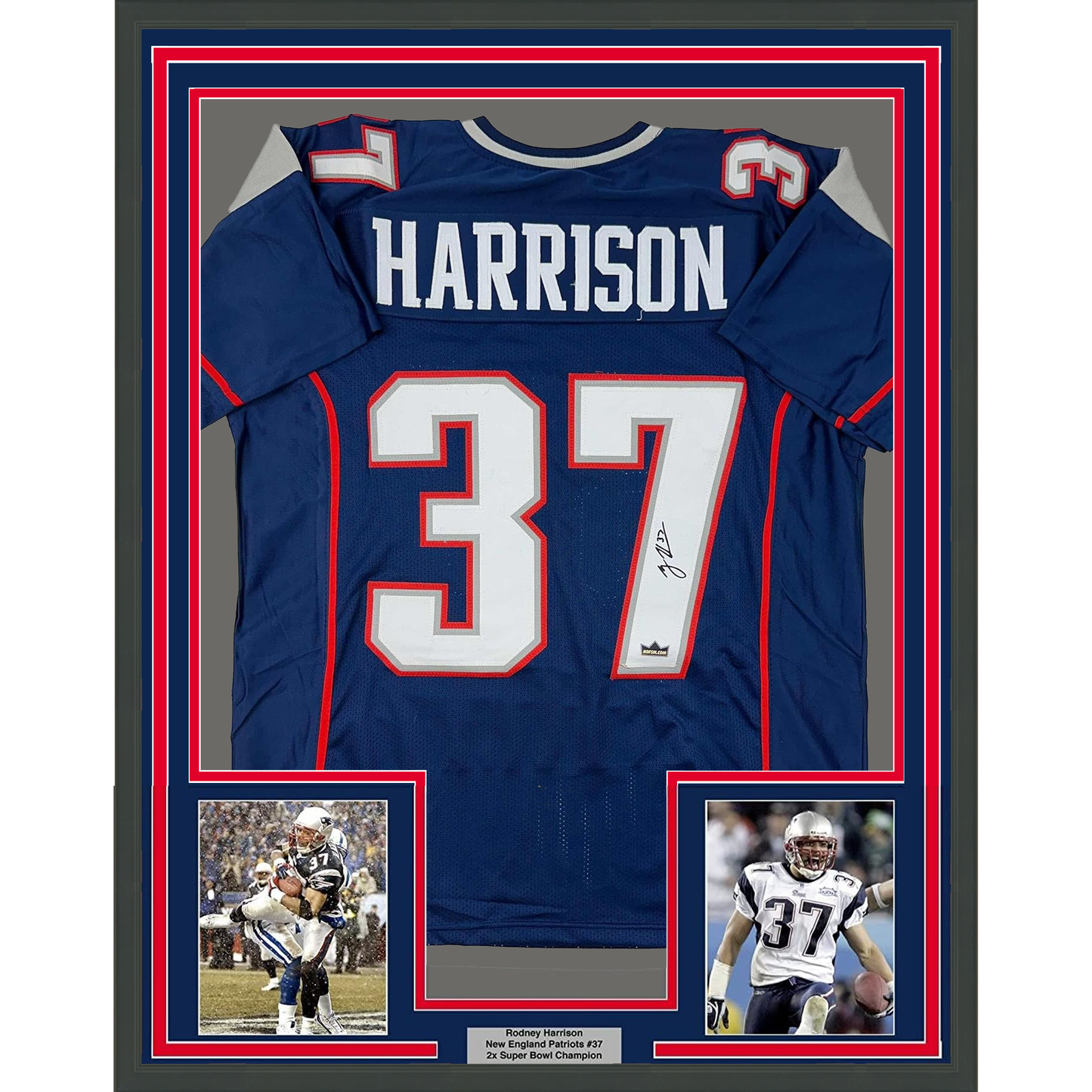 Framed Facsimile Autographed Rodney Harrison 35x39 New England Blue Reprint Laser Auto Football Jersey