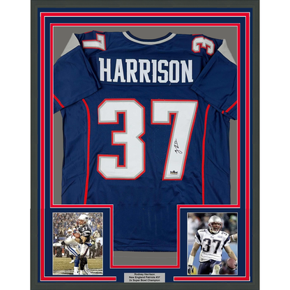 Framed Facsimile Autographed Rodney Harrison 35x39 New England Blue Reprint Laser Auto Football Jersey