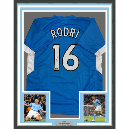 Framed Facsimile Autographed Rodri Rodrigo Cascante 35x39 Manchester City Blue Reprint Laser Auto Soccer Jersey