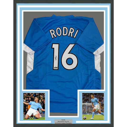 Framed Facsimile Autographed Rodri Rodrigo Cascante 35x39 Manchester City Blue Reprint Laser Auto Soccer Jersey
