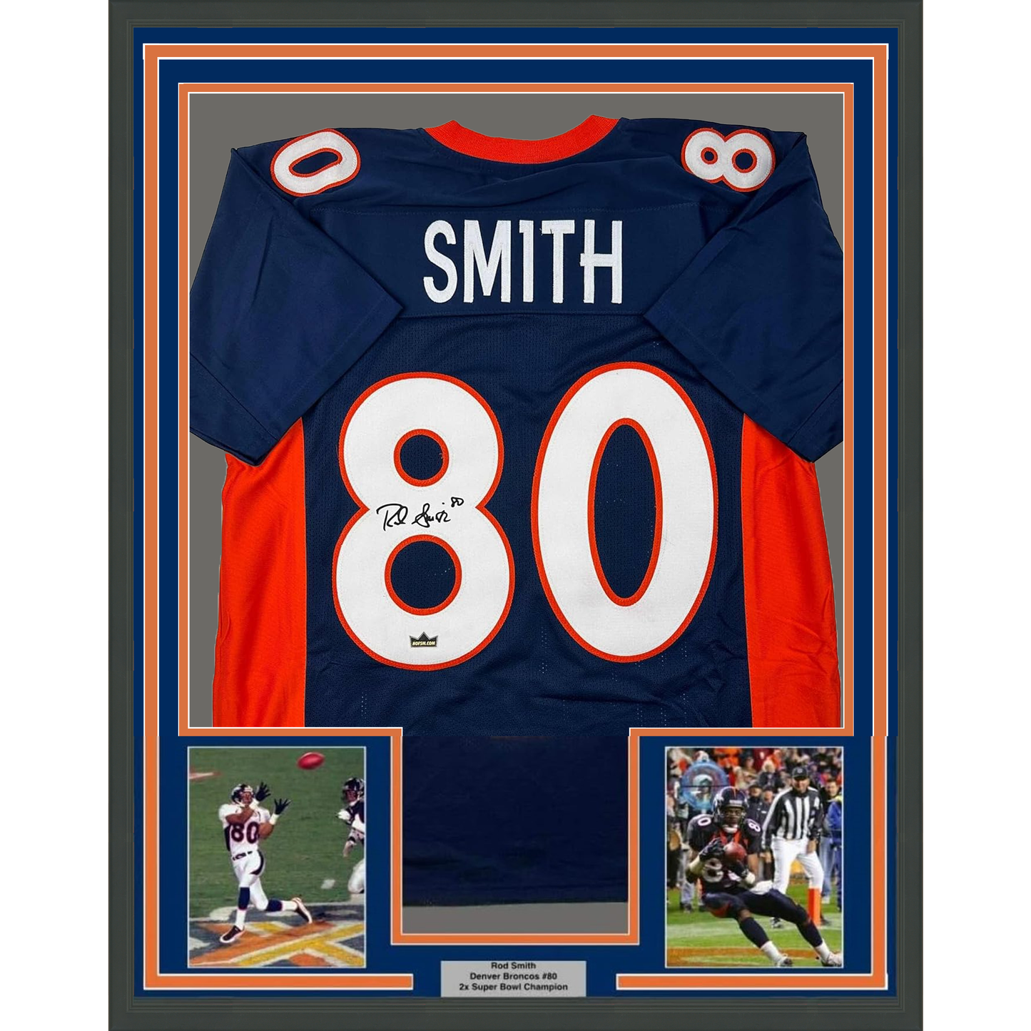 Framed Facsimile Autographed Rod Smith 35x39 Denver Blue Reprint Laser Auto Football Jersey