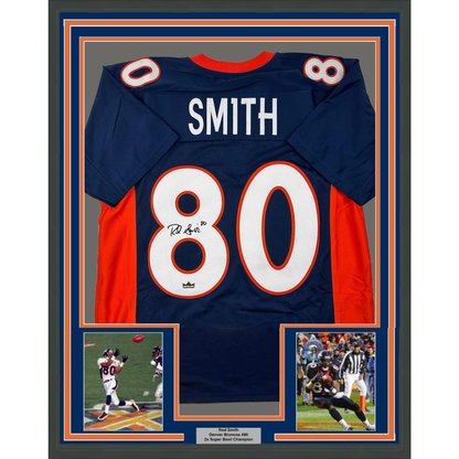 Framed Facsimile Autographed Rod Smith 35x39 Denver Blue Reprint Laser Auto Football Jersey