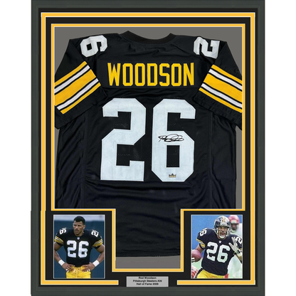 Framed Facsimile Autographed Rod Woodson 35x39 Pittsburgh Black Reprint Laser Auto Football Jersey