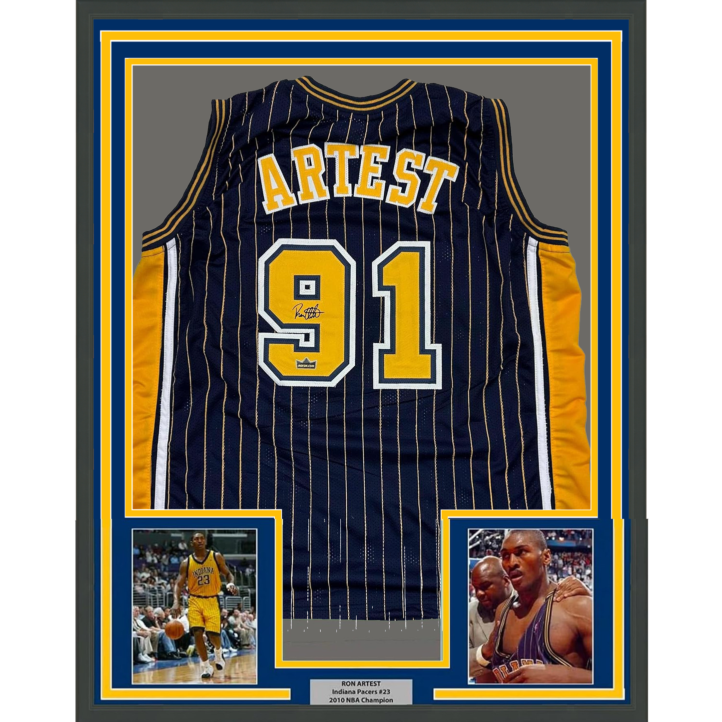 Framed Facsimile Autographed Ron Artest 35x39 Indiana Blue Pinstripe Reprint Laser Auto Basketball Jersey
