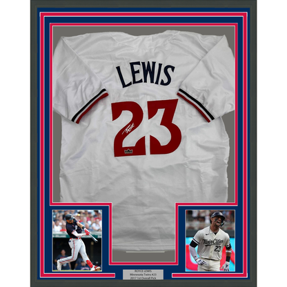 Framed Facsimile Autographed Royce Lewis 35x39 Minnesota White Reprint Laser Auto Baseball Jersey