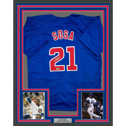 Framed Facsimile Autographed Sammy Sosa 35x39 Chicago Blue Reprint Laser Auto Baseball Jersey
