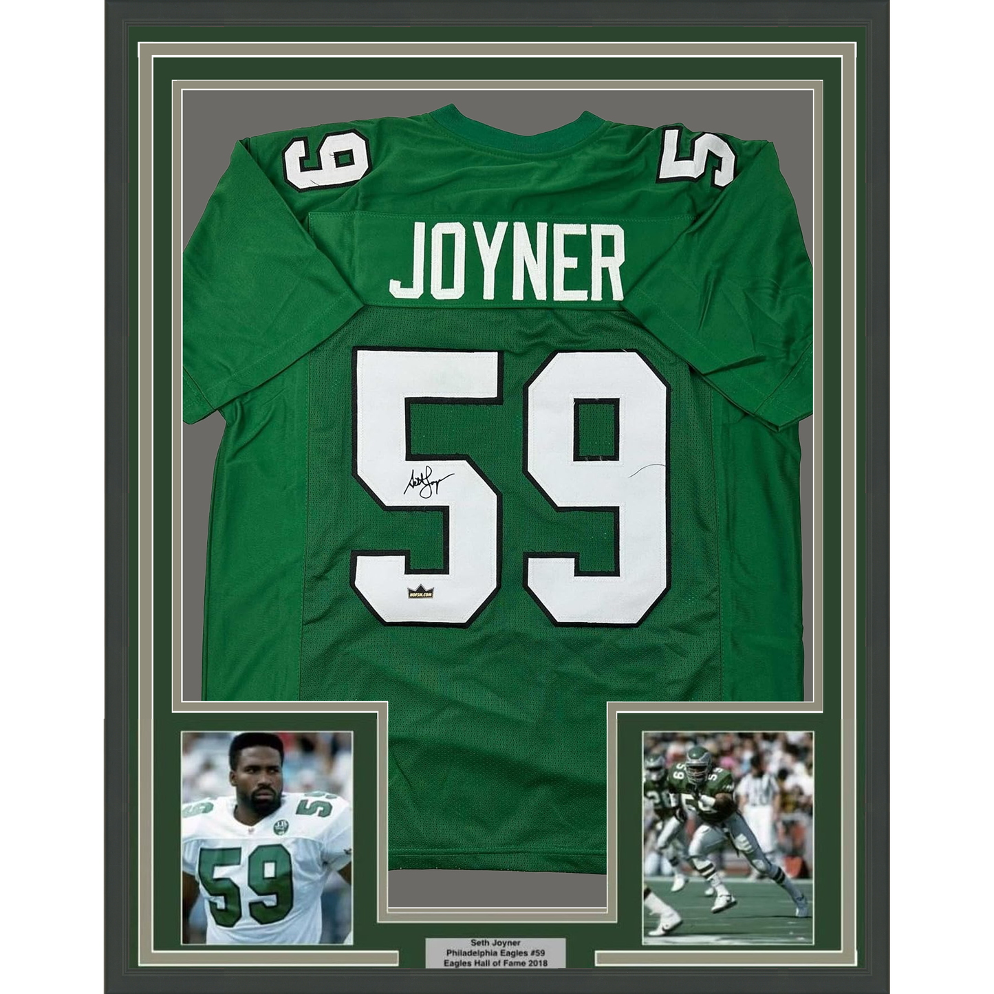 Framed Facsimile Autographed Seth Joyner 35x39 Philadelphia Kelly Green Reprint Laser Auto Football Jersey