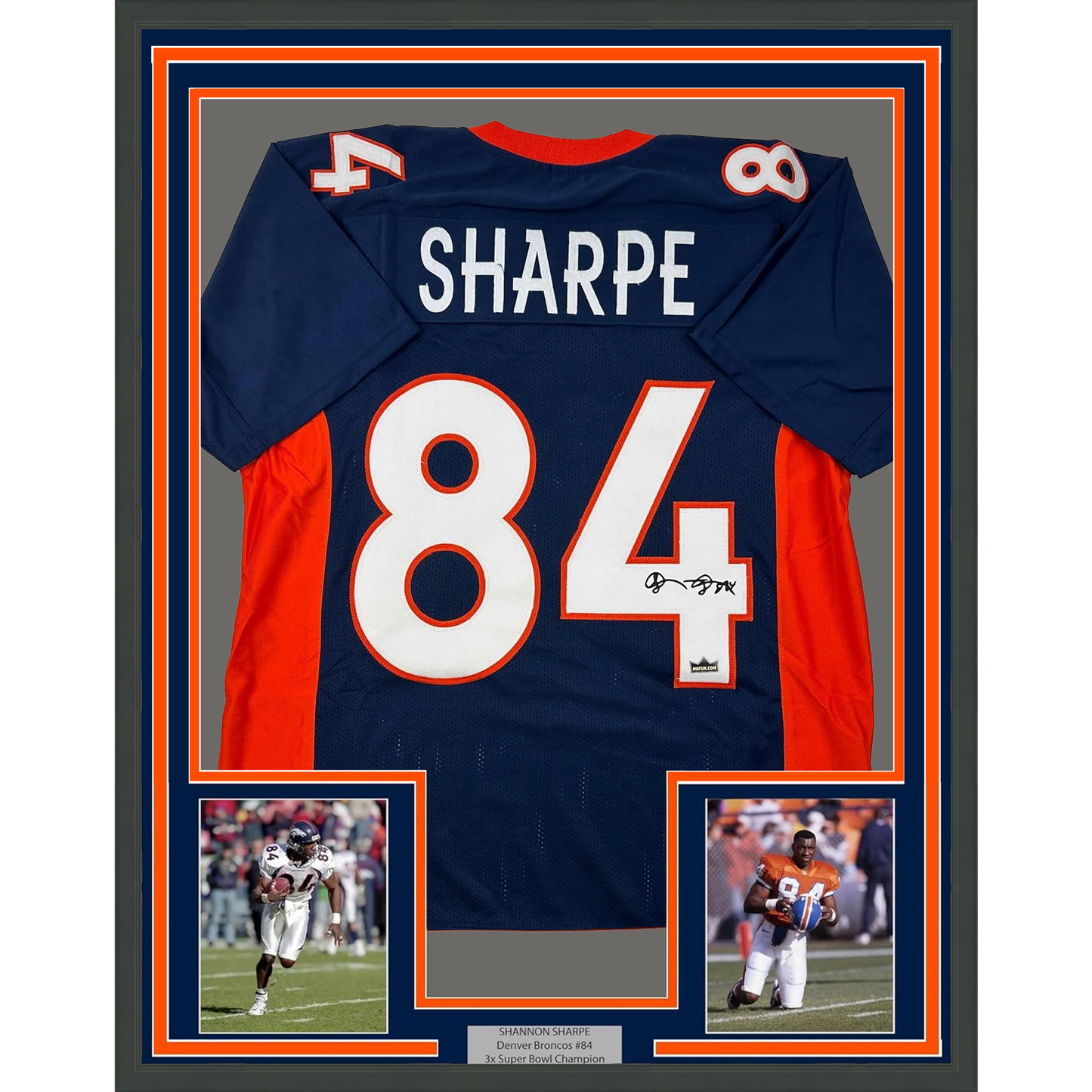Framed Facsimile Autographed Shannon Sharpe 35x39 Denver Blue Reprint Laser Auto Football Jersey
