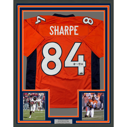 Framed Facsimile Autographed Shannon Sharpe 35x39 Denver Orange Reprint Laser Auto Football Jersey