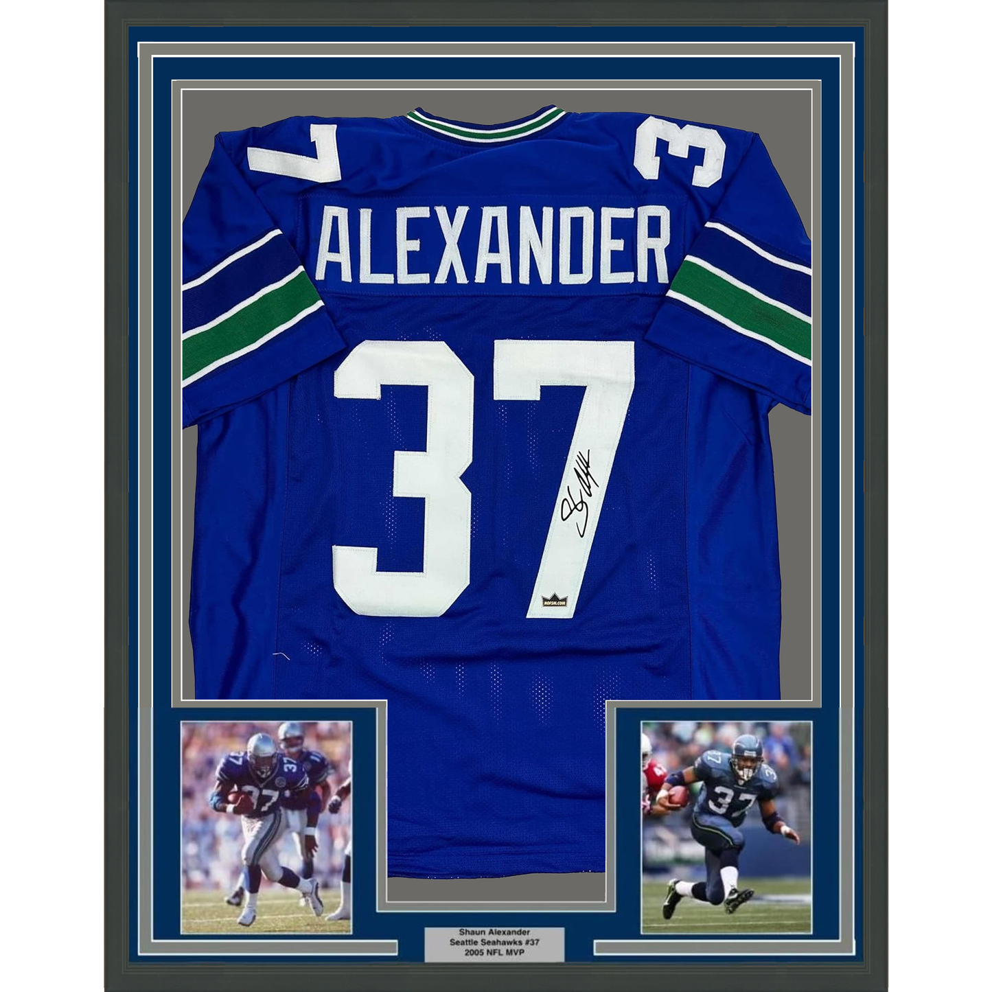 Framed Facsimile Autographed Shaun Alexander 35x39 Seattle Blue Reprint Laser Auto Football Jersey