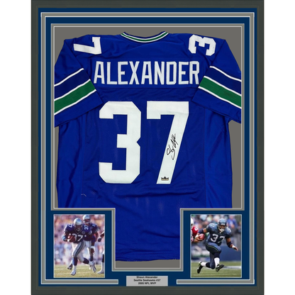 Framed Facsimile Autographed Shaun Alexander 35x39 Seattle Blue Reprint Laser Auto Football Jersey